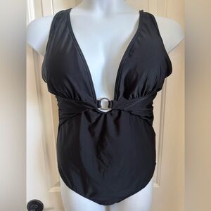 NWT Tournesol One Piece Black Swimsuit Cut Out V Neck Cross-Back Straps, Large